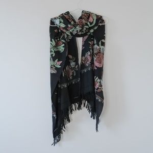 Handmade Scarf - Black with embroidered pastel coloured florals